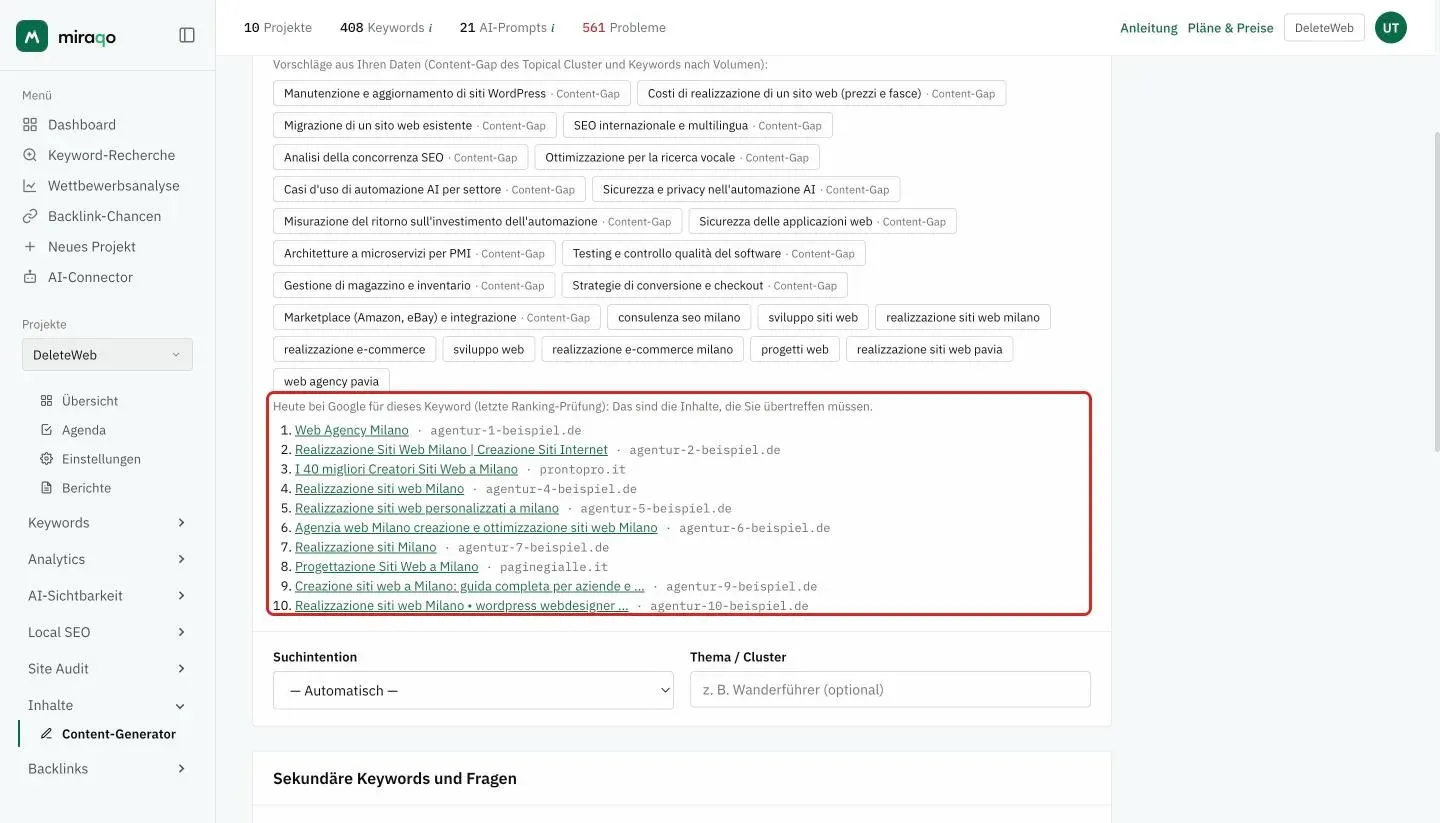 Die Liste Heute bei Google hervorgehoben unter den Vorschlägen zum Haupt-Keyword: die ersten 10 Ergebnisse der letzten Ranking-Prüfung, jeweils mit Titel und Domain, darunter die Felder Suchintention und Thema / Cluster