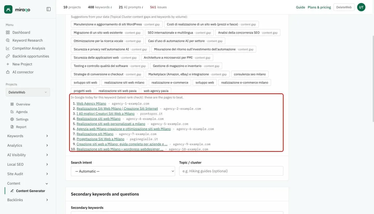 The In Google today list highlighted below the Primary keyword suggestions: the top 10 results from the latest rank check, each with title and domain, and below the Search intent and Topic / cluster fields