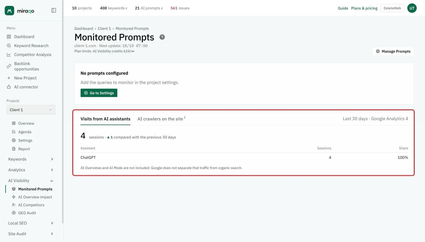 The Visits from AI assistants tab highlighted: 4 sessions in the last 30 days with the change on the previous 30, the table with assistant, sessions and share, and the note on AI Overviews and AI Mode