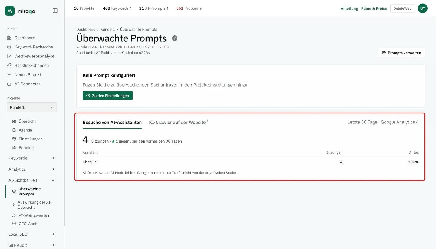 Der hervorgehobene Tab Besuche von AI-Assistenten: 4 Sitzungen in den letzten 30 Tagen mit der Veränderung gegenüber den 30 Tagen davor, die Tabelle mit Assistent, Sitzungen und Anteil und der Hinweis zu AI Overview und AI Mode