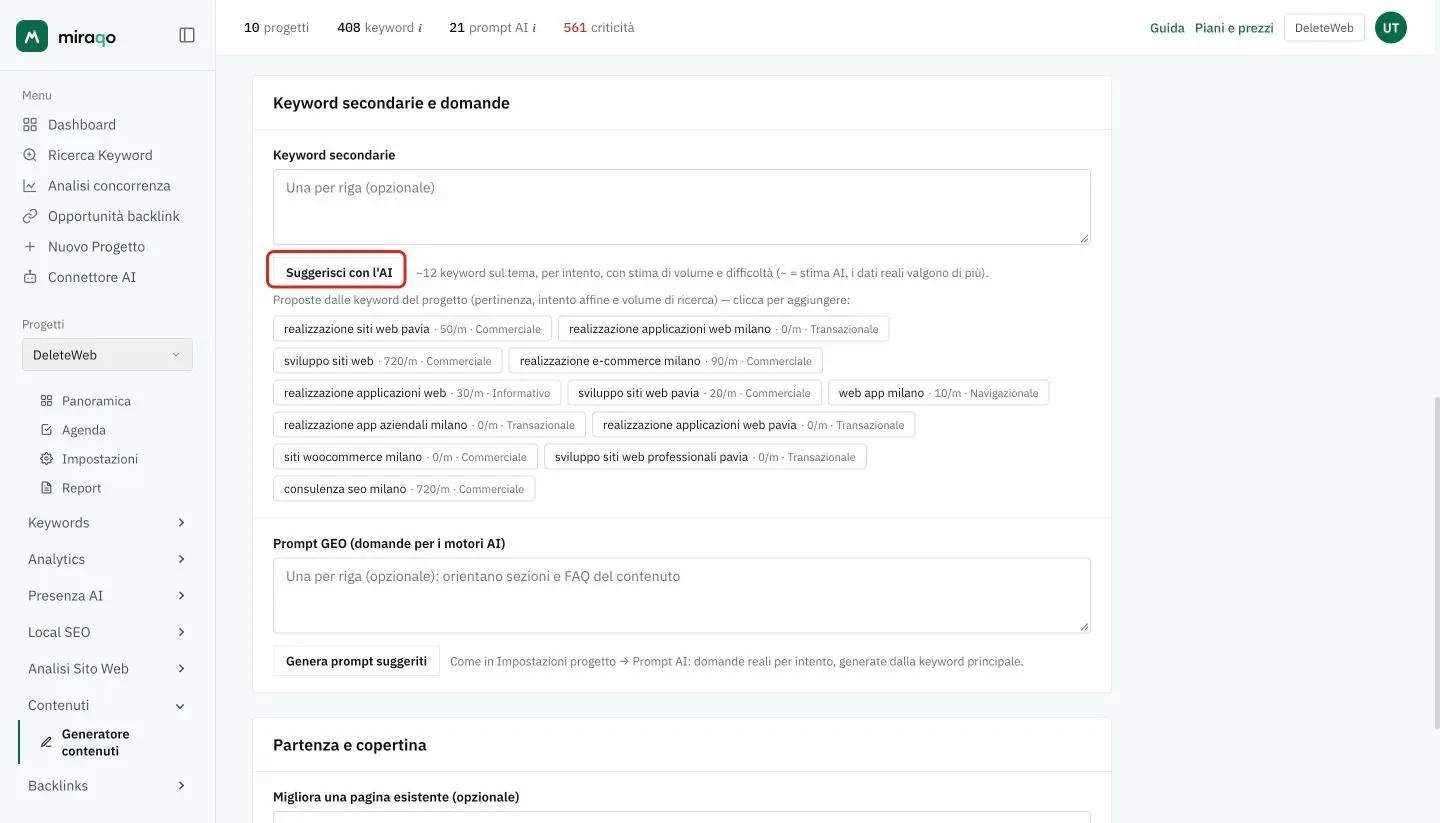 La card Keyword secondarie e domande: il campo Keyword secondarie, il pulsante Suggerisci con l’AI evidenziato, le proposte dalle keyword del progetto con volume mensile e intento, e sotto il campo Prompt GEO con Genera prompt suggeriti