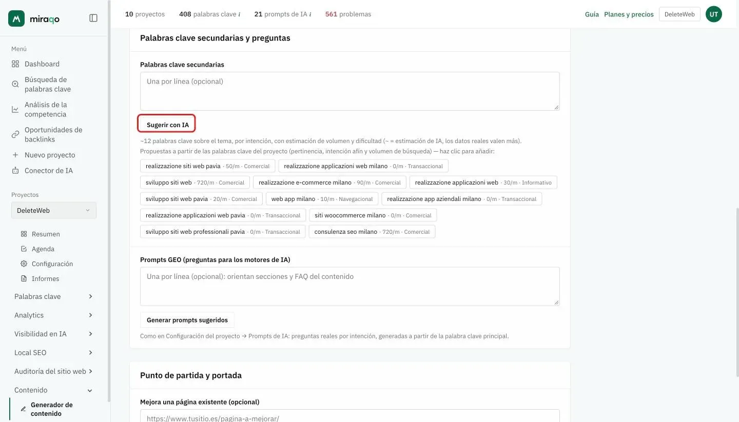 La tarjeta Palabras clave secundarias y preguntas: el campo Palabras clave secundarias, el botón Sugerir con IA resaltado, las sugerencias de las palabras clave del proyecto con volumen mensual e intención, y debajo el campo Prompts GEO con Generar prompts sugeridos