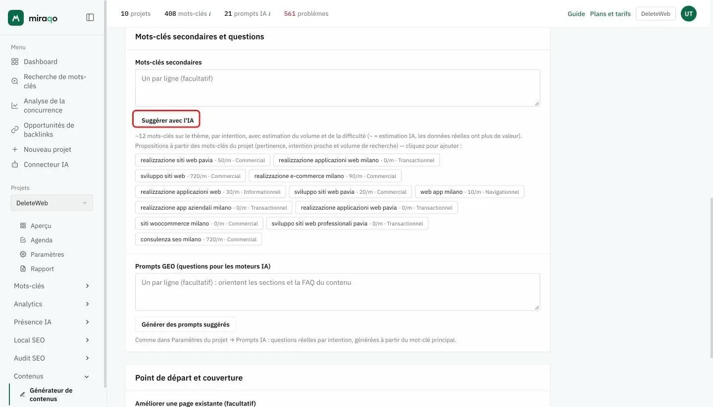 La carte Mots-clés secondaires et questions : le champ Mots-clés secondaires, le bouton Suggérer avec l’IA mis en évidence, les suggestions issues des mots-clés du projet avec volume mensuel et intention, et dessous le champ Prompts GEO avec Générer des prompts suggérés