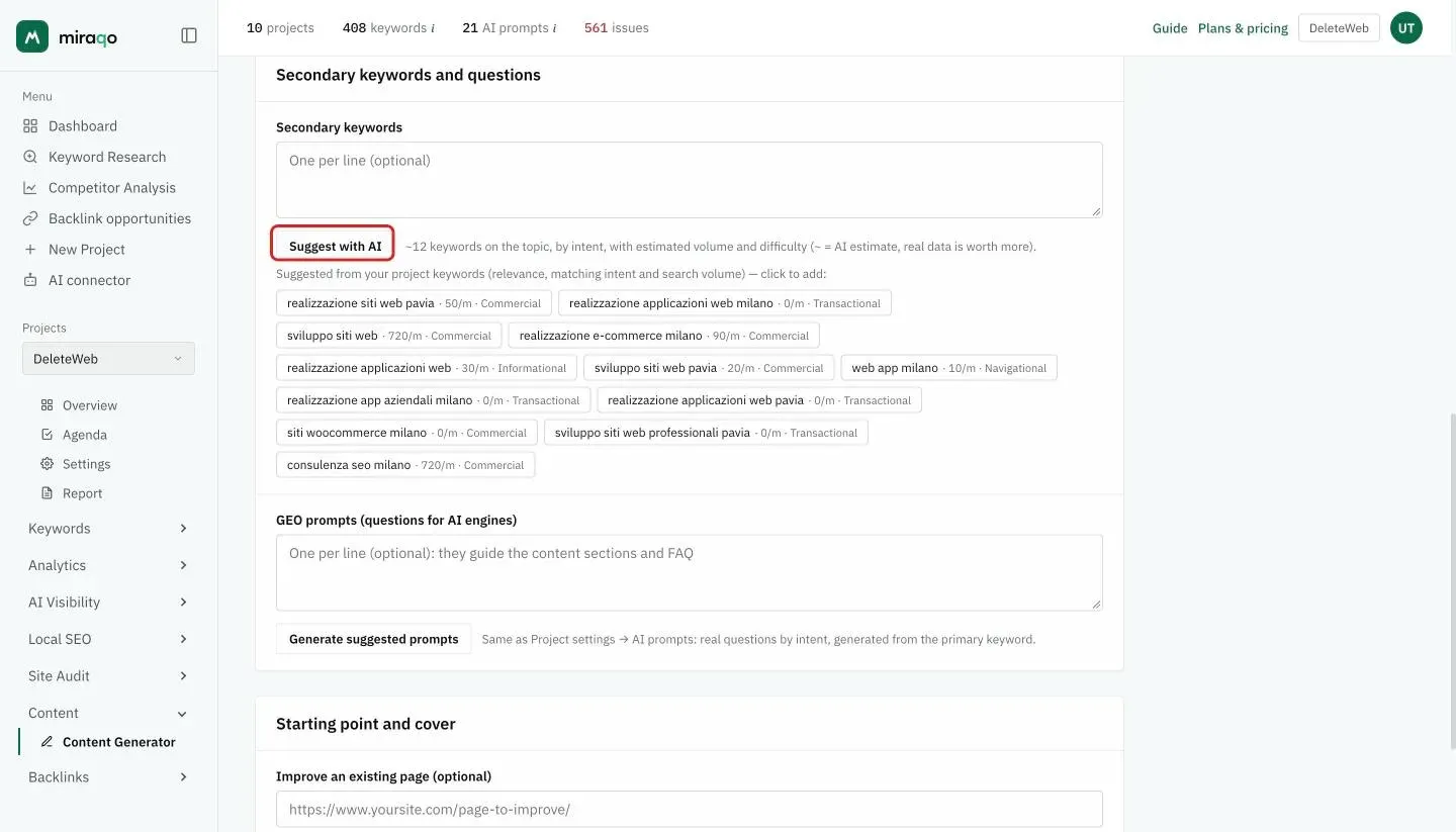 The Secondary keywords and questions card: the Secondary keywords field, the Suggest with AI button highlighted, the suggestions from the project keywords with monthly volume and intent, and below the GEO prompts field with Generate suggested prompts